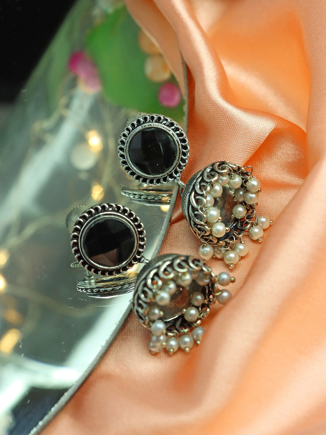 

Ozanoo Silver Plated Beaded Floral Dome Shaped Jhumkas