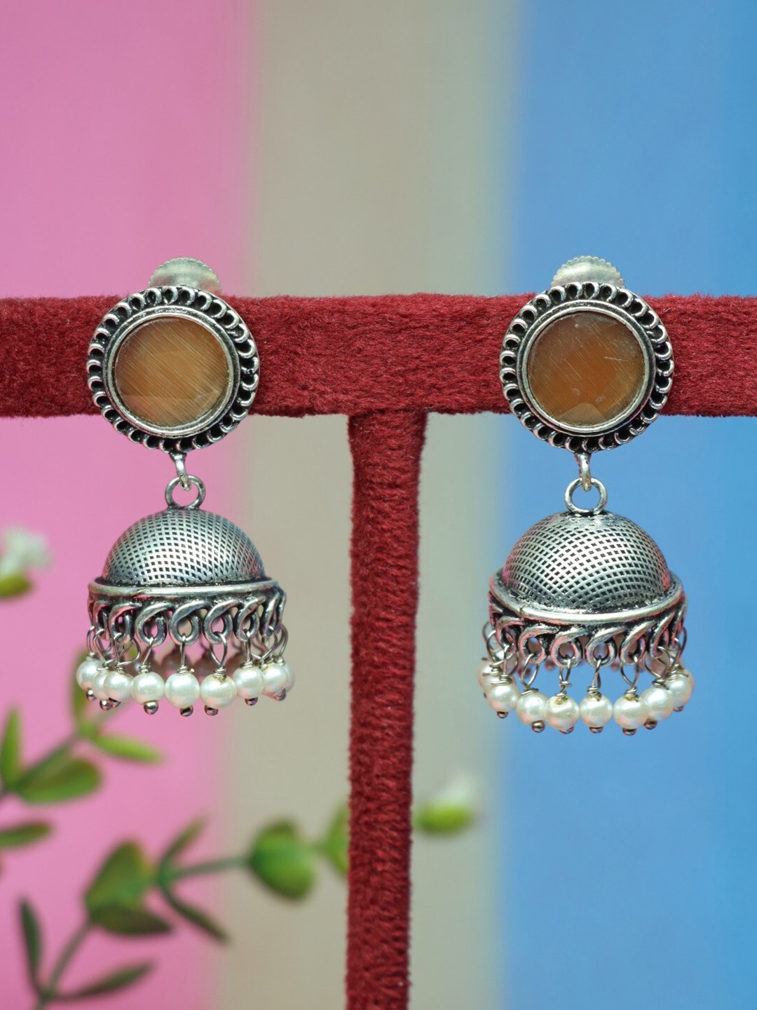 

Ozanoo Silver Plated Dome Shaped Stones Studded & Beaded Jhumkas