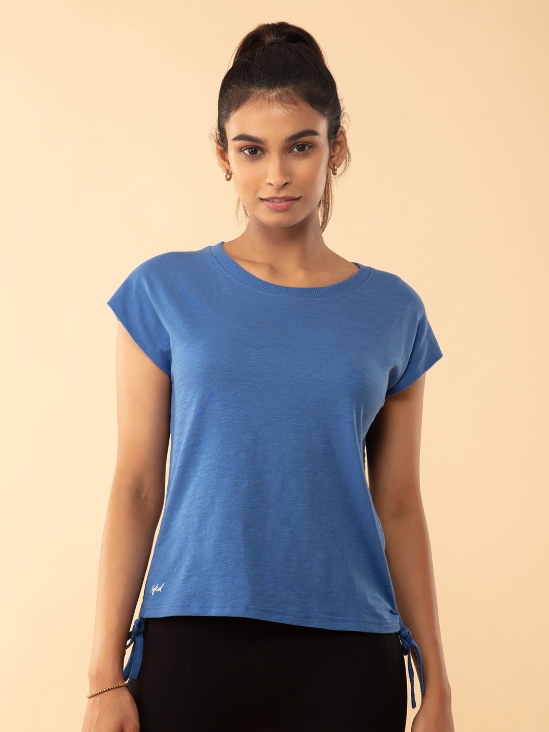 

Nykd Women Extended Sleeves Cotton Regular Fit Ruched T-shirt, Blue