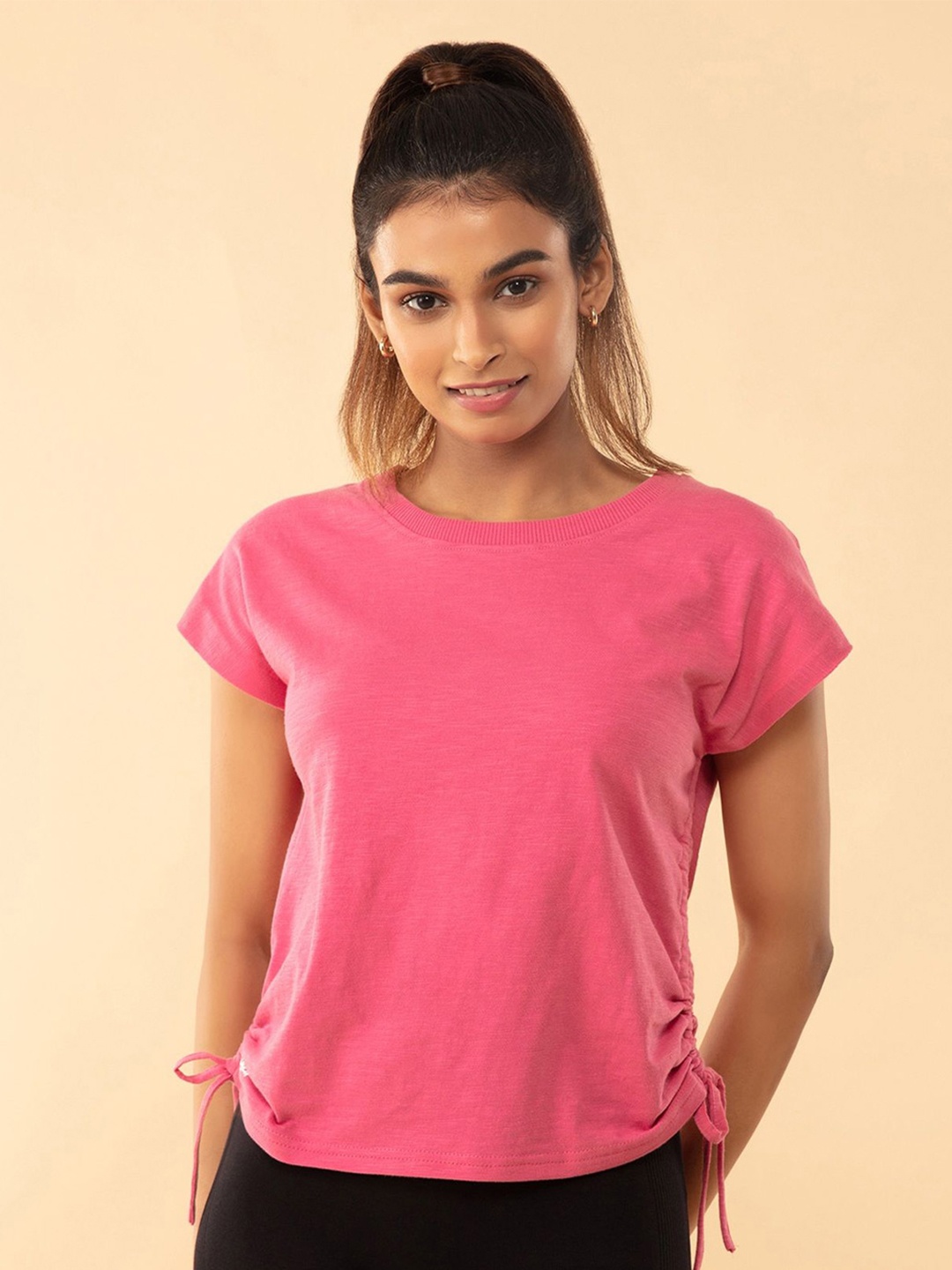 

Nykd Women Ruched Extended Sleeves Cotton Gym T-shirt, Pink