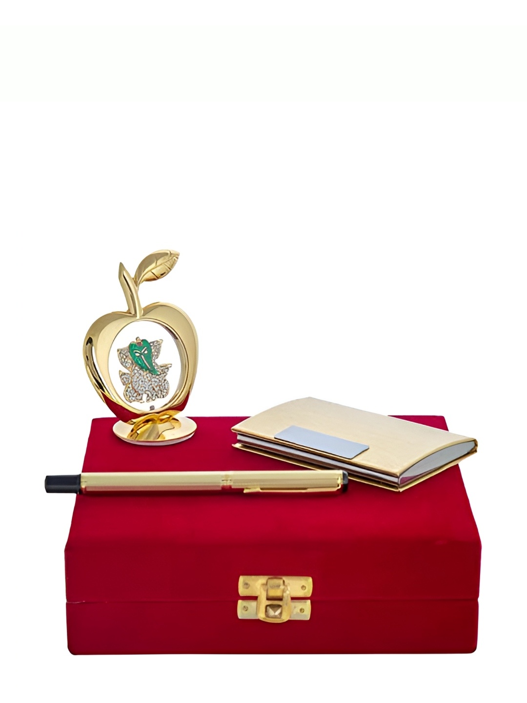 

INTERNATIONAL GIFT Pen With Business Card Holder And Apple Shape Ganesh Idol Set, Gold