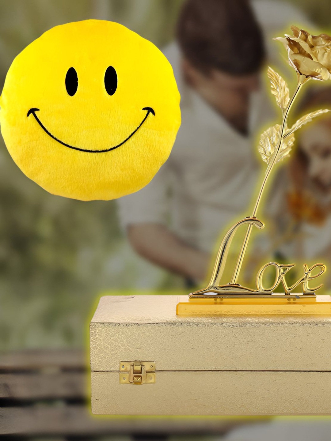 

INTERNATIONAL GIFT Rose Flower With Love Stand & Luxury Gift Box With Smiley Pillow, Gold