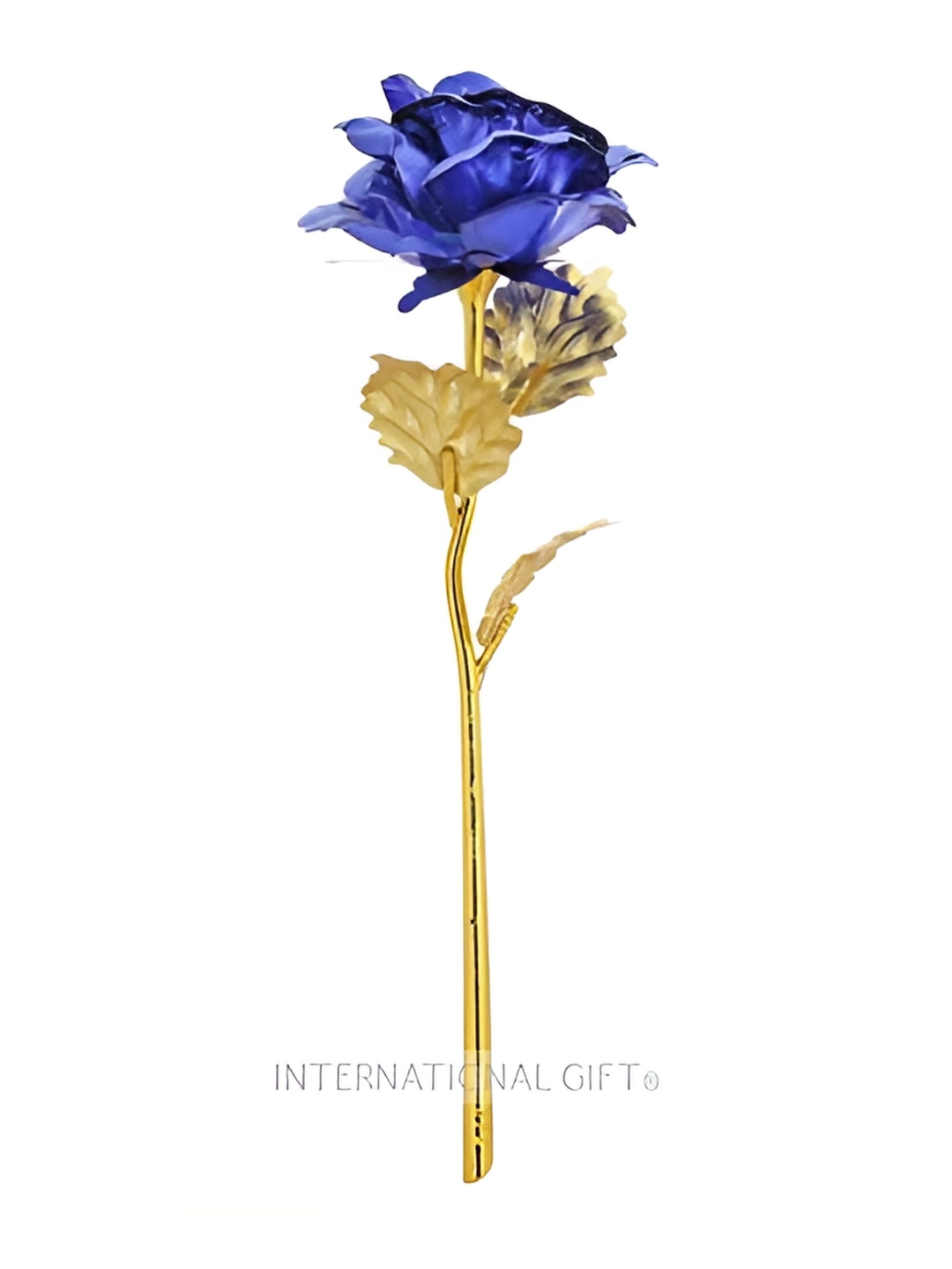 

INTERNATIONAL GIFT Blue & Gold Toned Rose Flower With Leaf Gift Box
