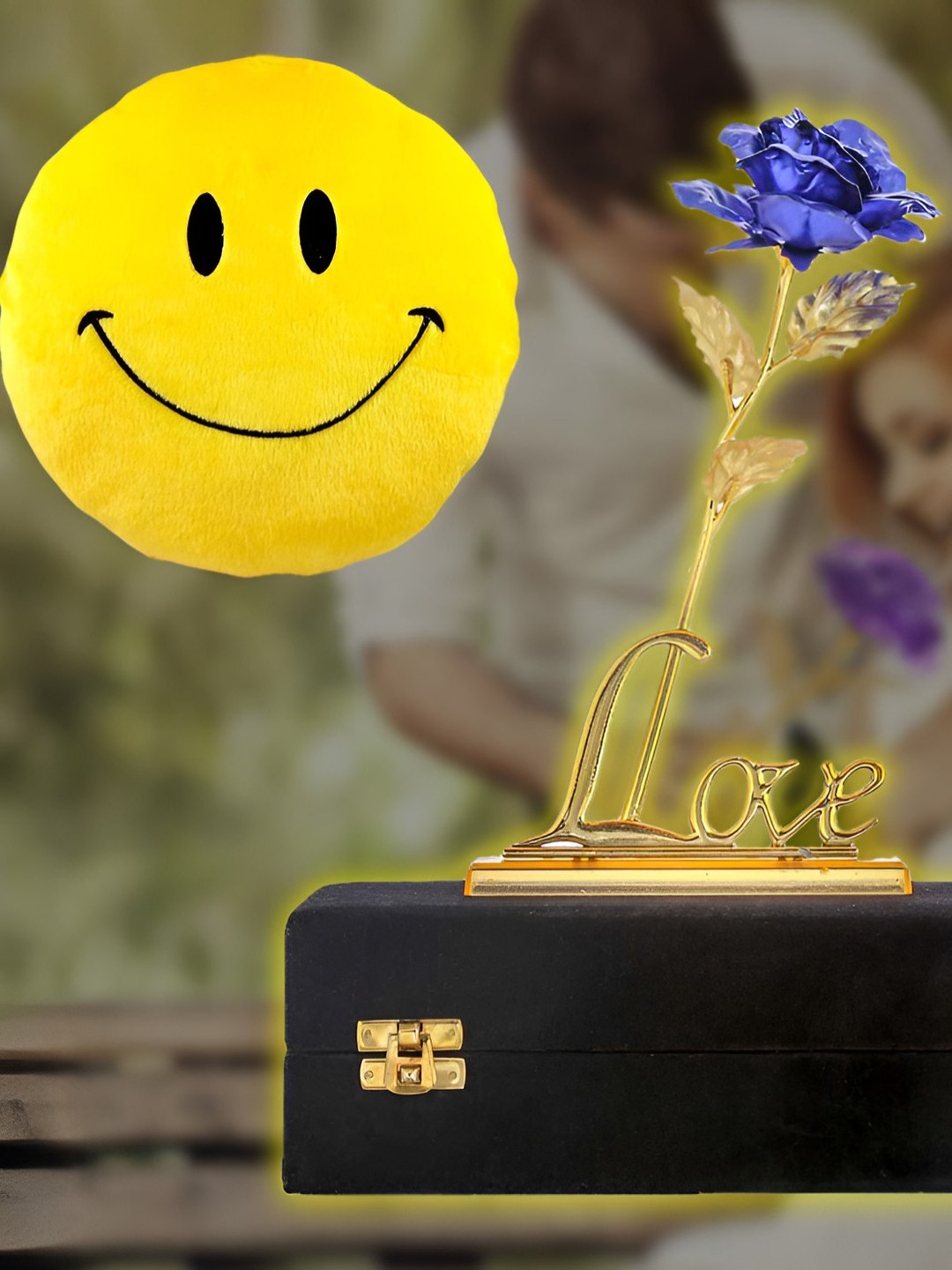 

International Gift Blue Rose Flower With Love Stand And Luxury Gift Box With Smiley Pillow
