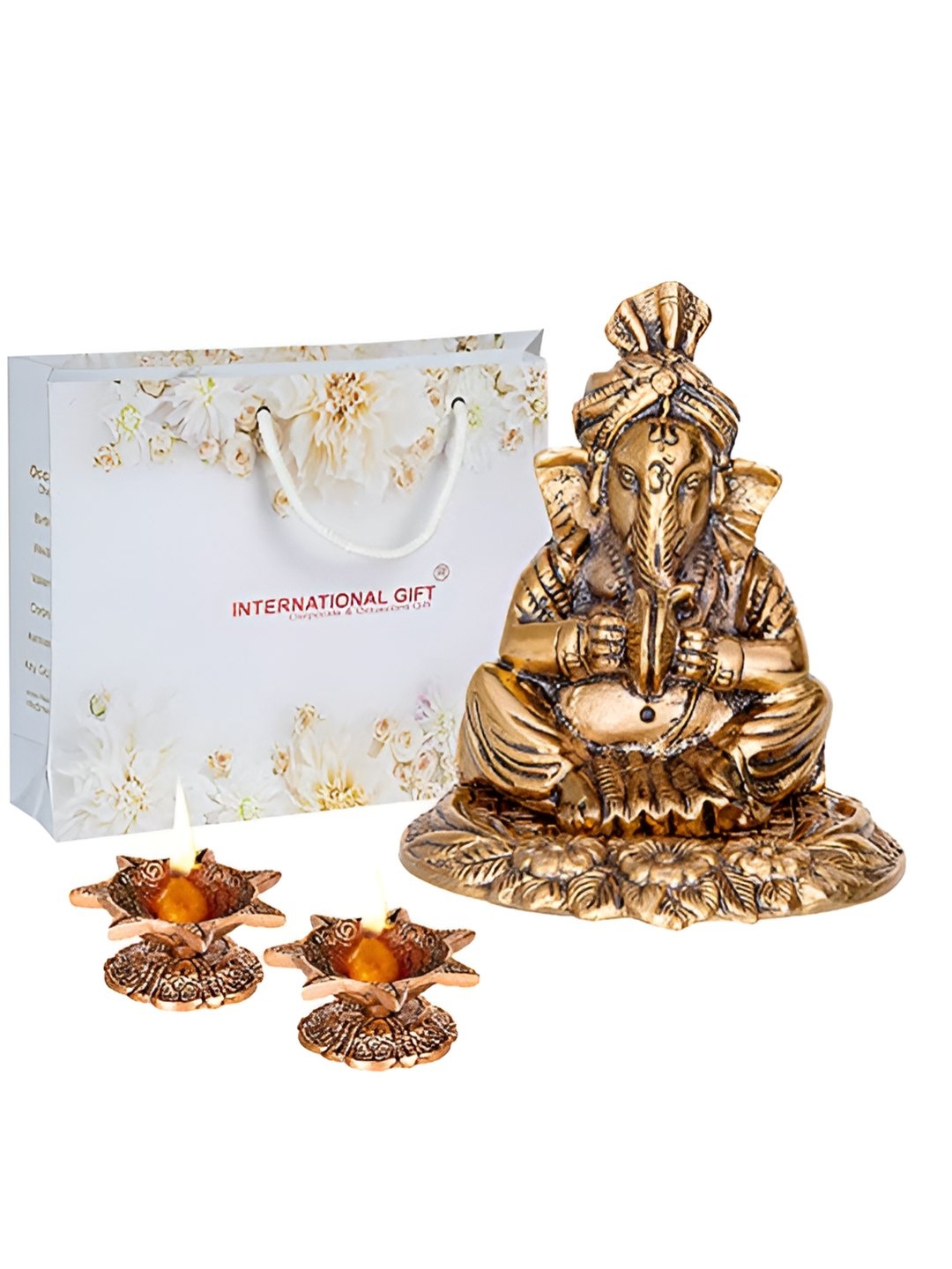 

INTERNATIONAL GIFT Brown Brass Ganesh Statue & Diya