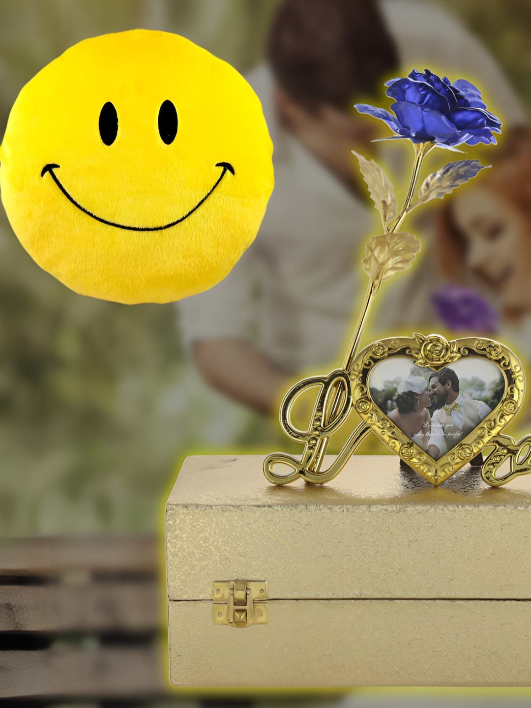 

INTERNATIONAL GIFT Blue Textured Rose Flower With Photo Frame Stand