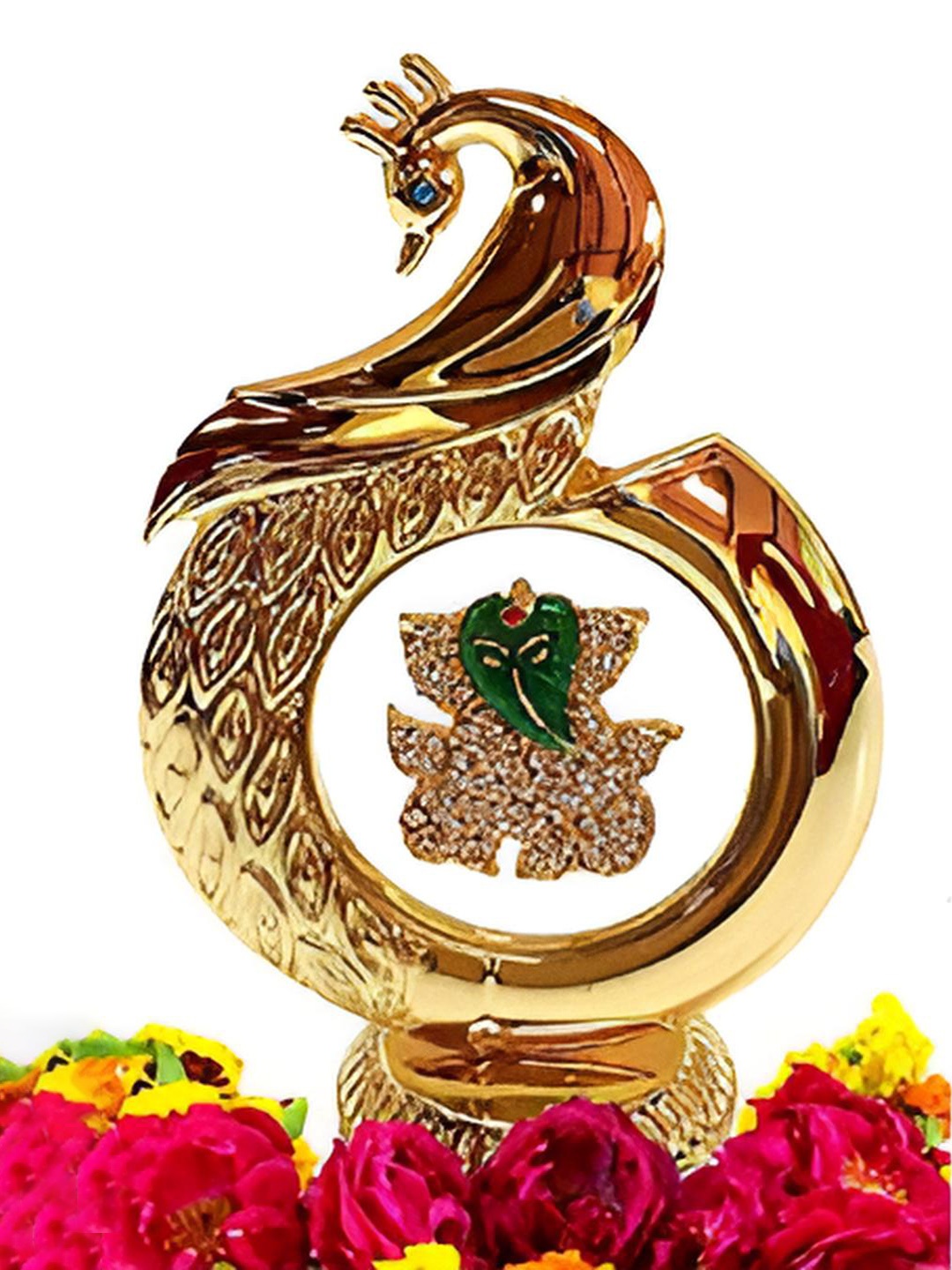 

INTERNATIONAL GIFT Gold Toned & Green Brass Peacock Ganesh Idol Car Dashboard