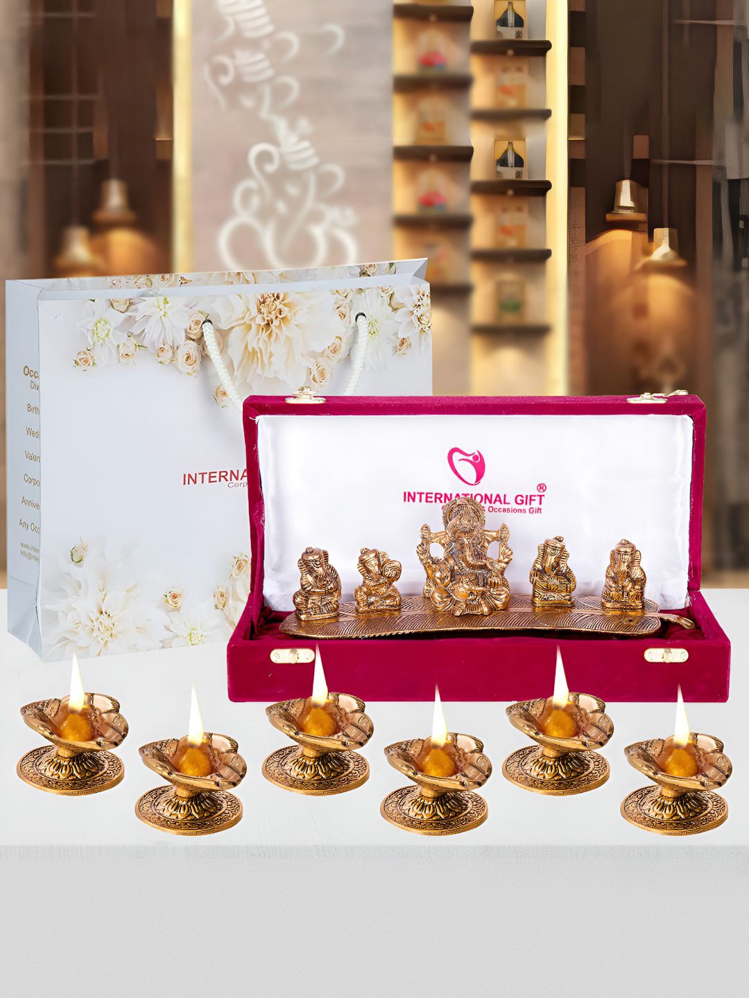 

INTERNATIONAL GIFT Musical Ganesh God Idol Statue & Diya, Brown
