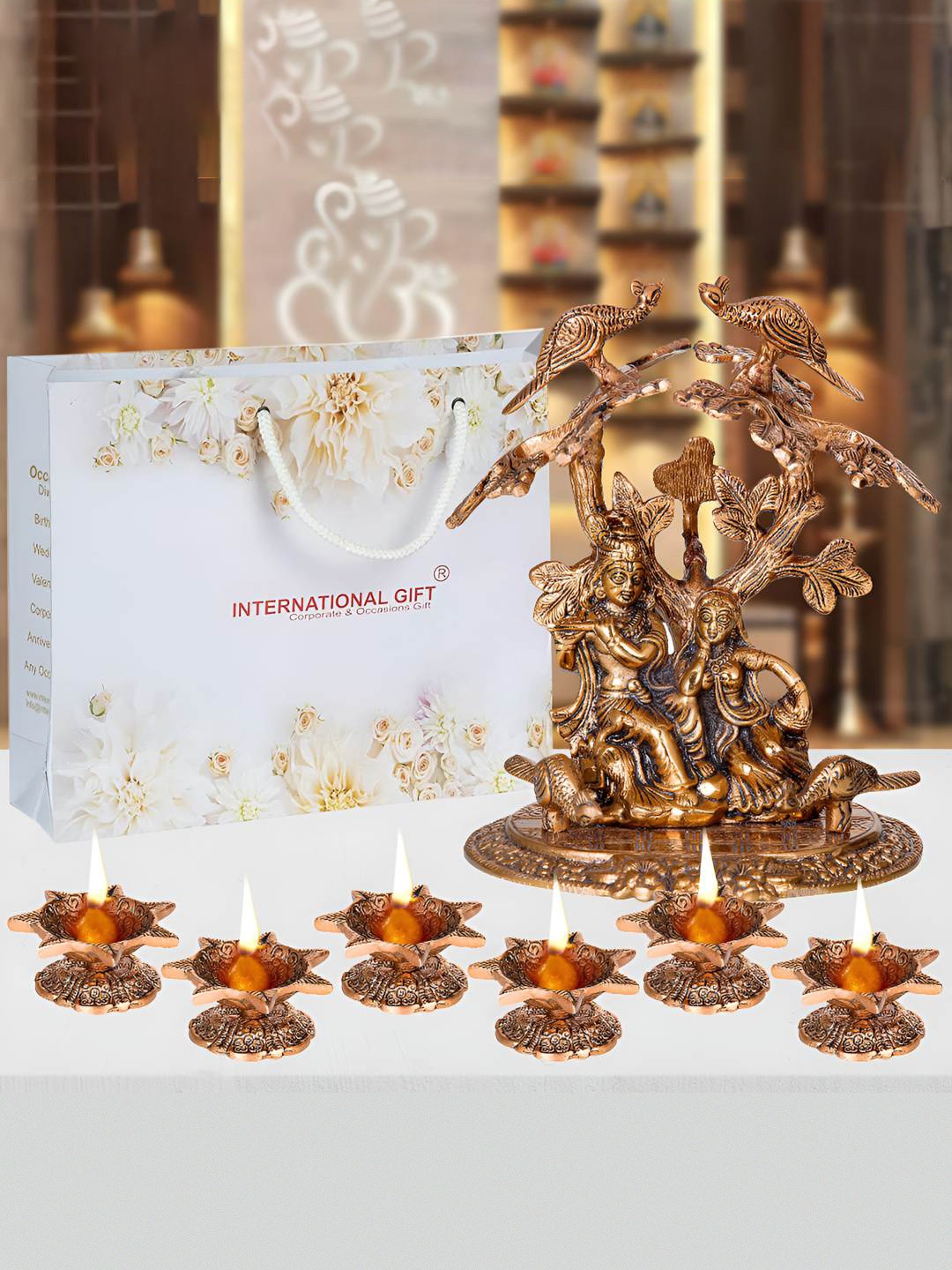 

INTERNATIONAL GIFT Brown Radha Krishna Tree Statue & Diya set