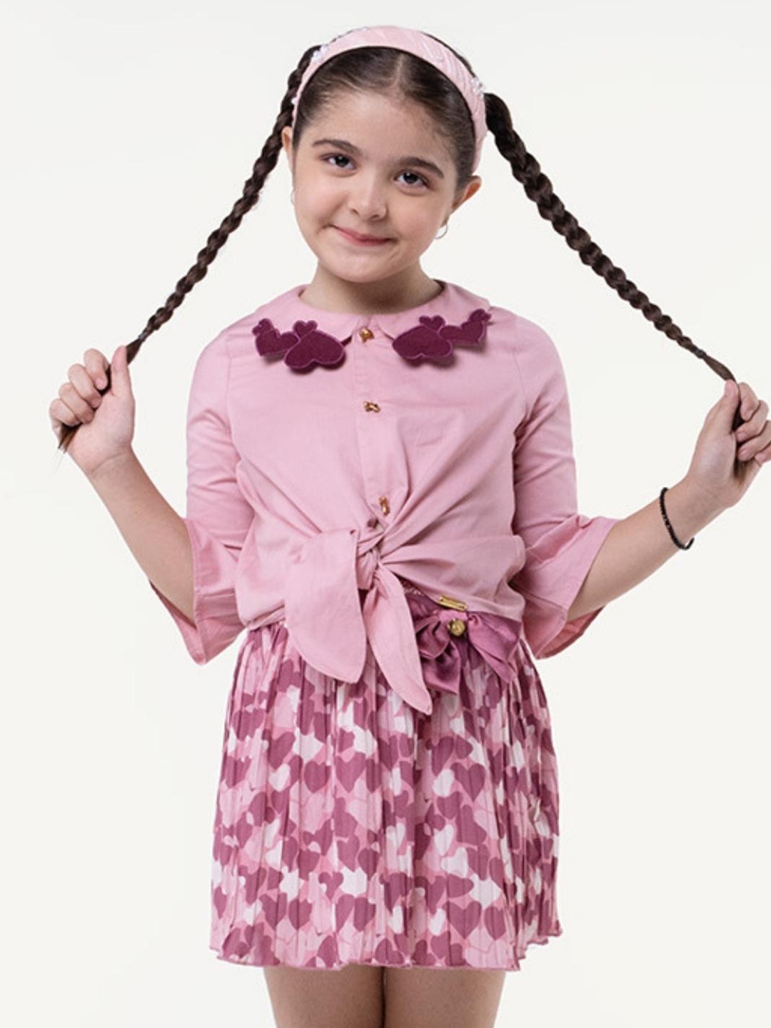 

One Friday Girls Peter Pan Collar Tie Up Pure Cotton Top, Pink