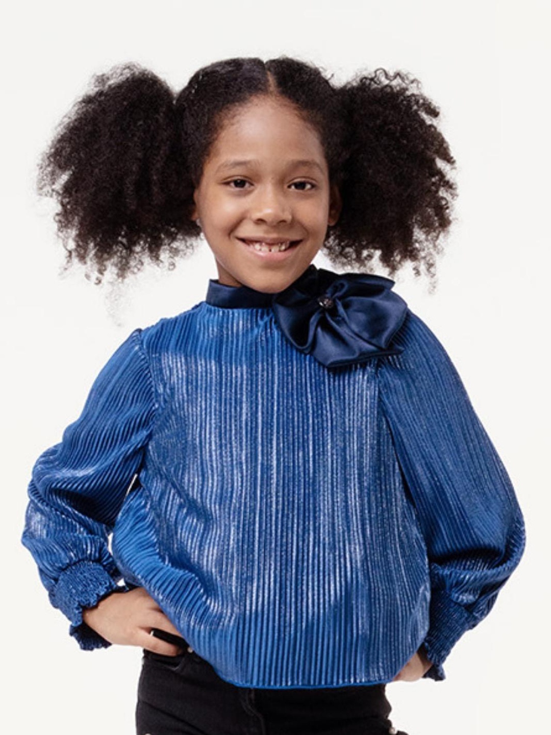 

One Friday Girls Vertical Striped Pleated Cuffed Sleeves Bow Top, Navy blue