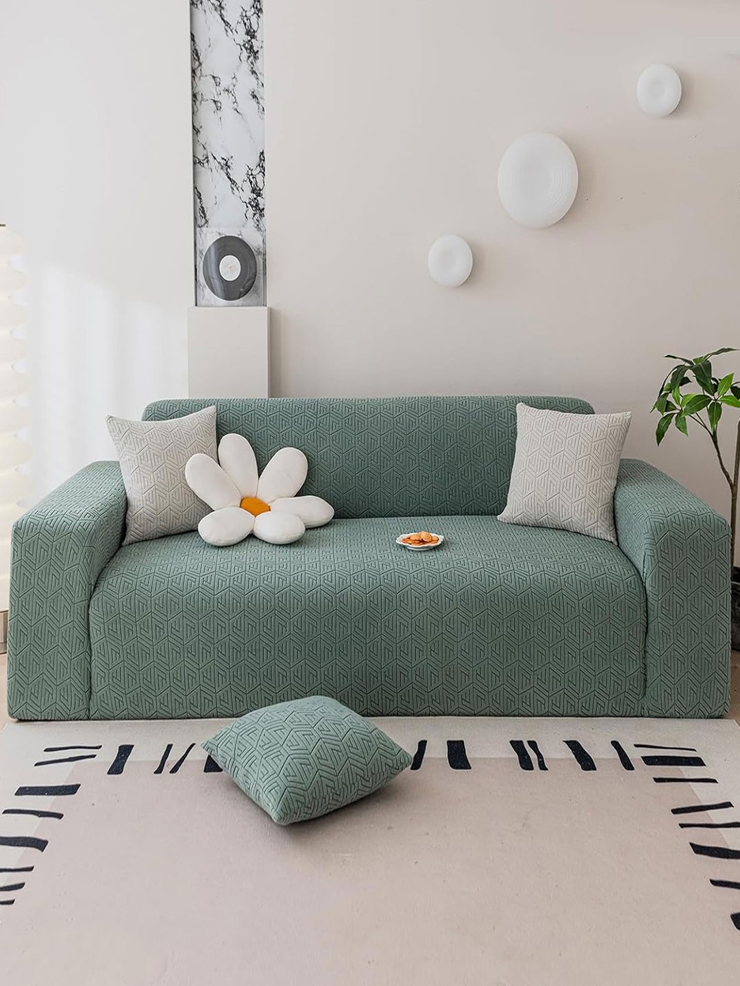 

HOUSE OF QUIRK Green Self-designed 220 GSM Jaquard Stretchable 3-seater Sofa Slipcover