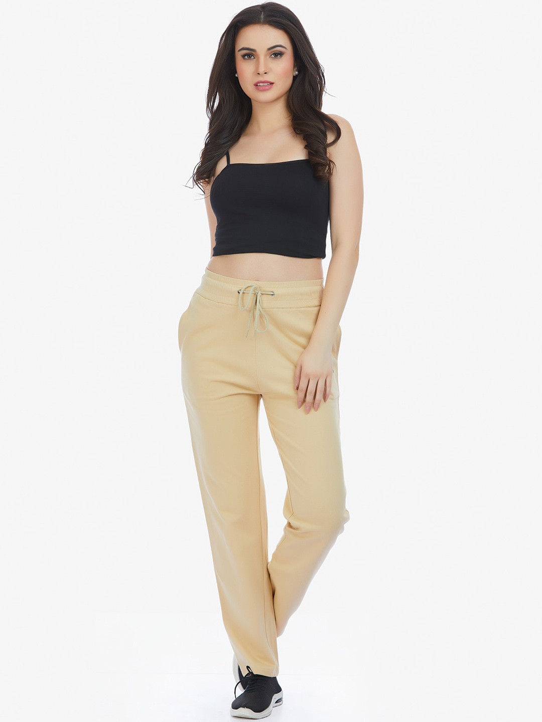 

MAYSIXTY Women Mid Rise Cotton Track Pants, Beige