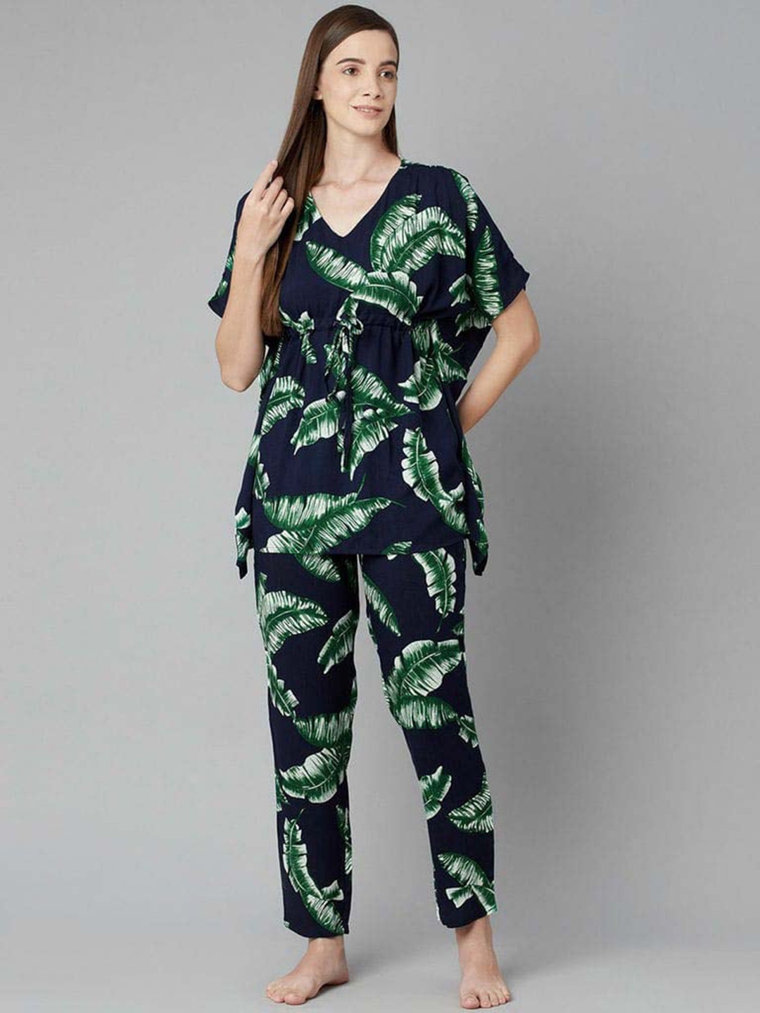 

INDIAN KNOTS Printed Kaftan Top With Trousers, Blue