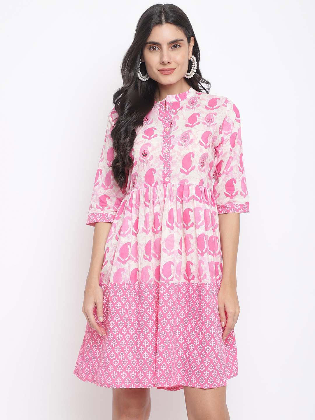 

INDIAN KNOTS Ethnic Motifs Printed Mandarin Collar Pure Cotton Fit & Flare Dress, Pink