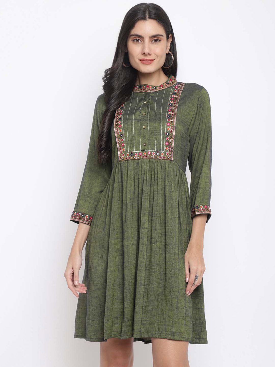 

INDIAN KNOTS Floral Embroidered Mirror Work Fit & Flare Ethnic Dress, Green