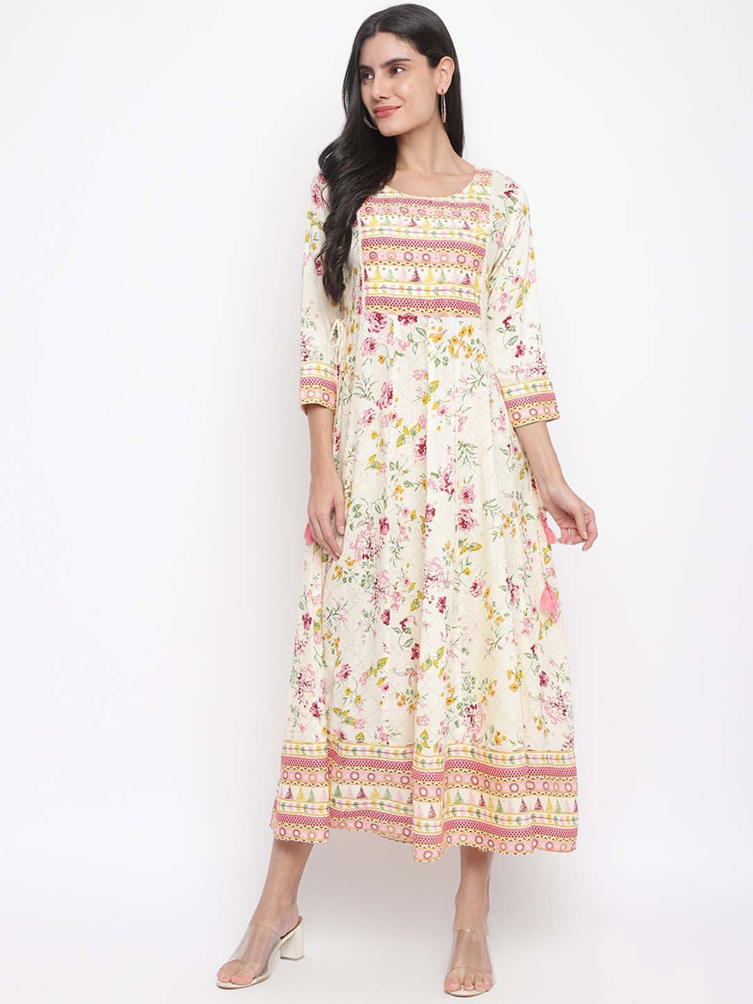 

INDIAN KNOTS Floral Printed Fit & Flare Midi Ethnic Dress, White