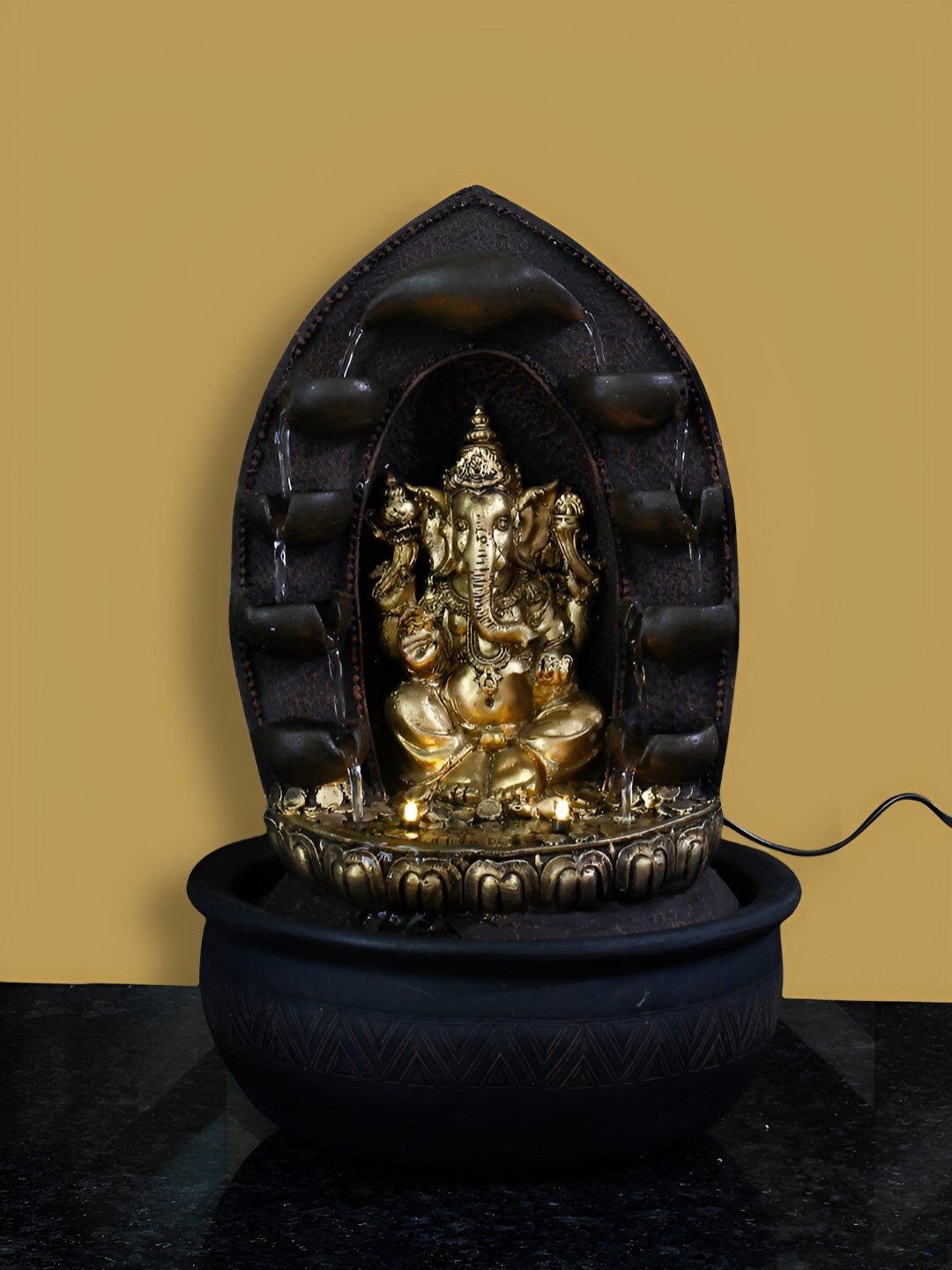 

Ancient Clock Makers Brown & Gold Ganesha Water Fountain with Lights