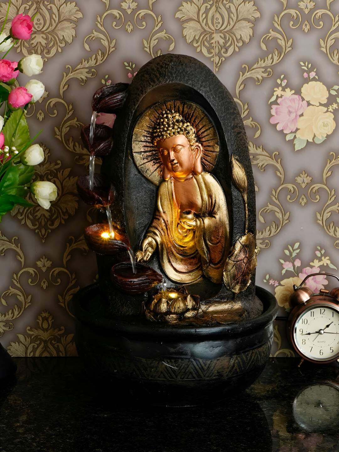 

Ancient Clock Makers Brown Buddha Table Top Water Fountain