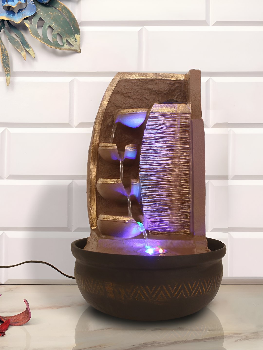 

Ancient Clock Makers Brown 4 Tier Table Top Water Fountain With LED lights