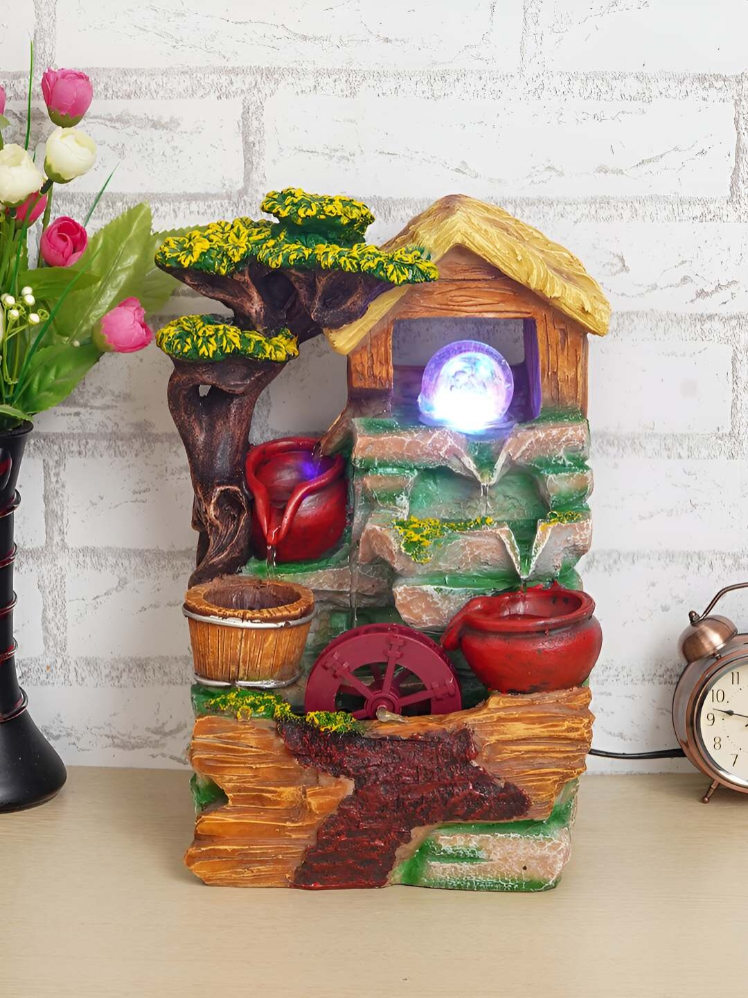 

Ancient Clock Makers Green & Red 3 Tier Cabin Table Top With Water Fountain