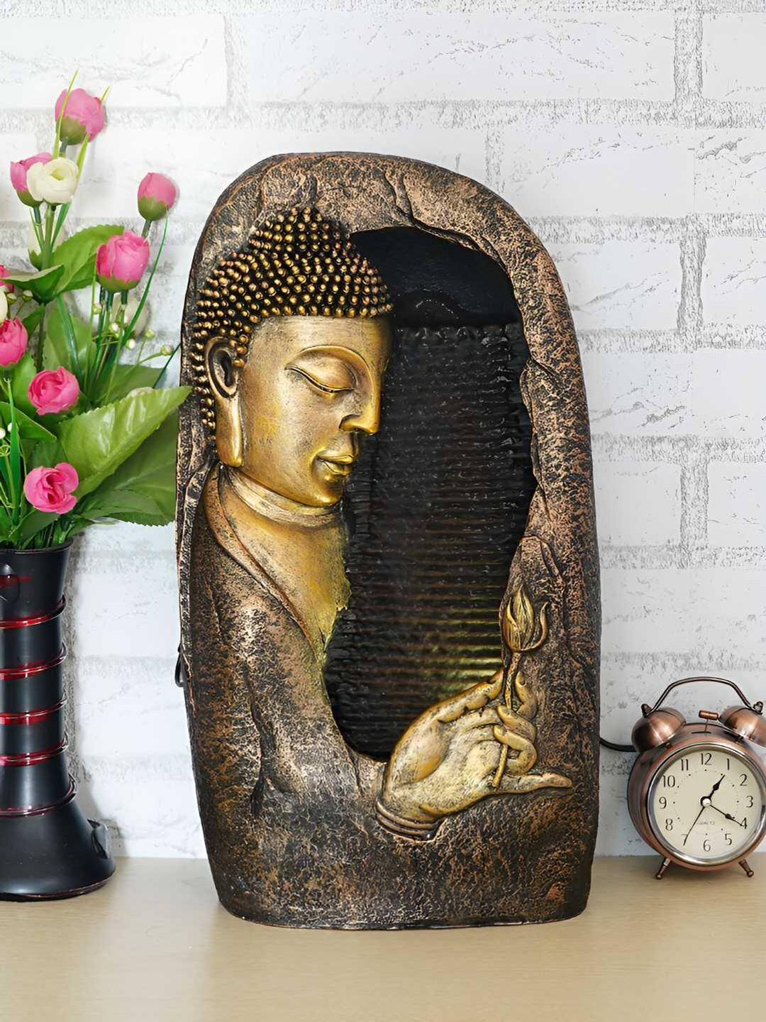 

Ancient Clock Makers Brown Buddha Table Top Water Fountain With LED lights