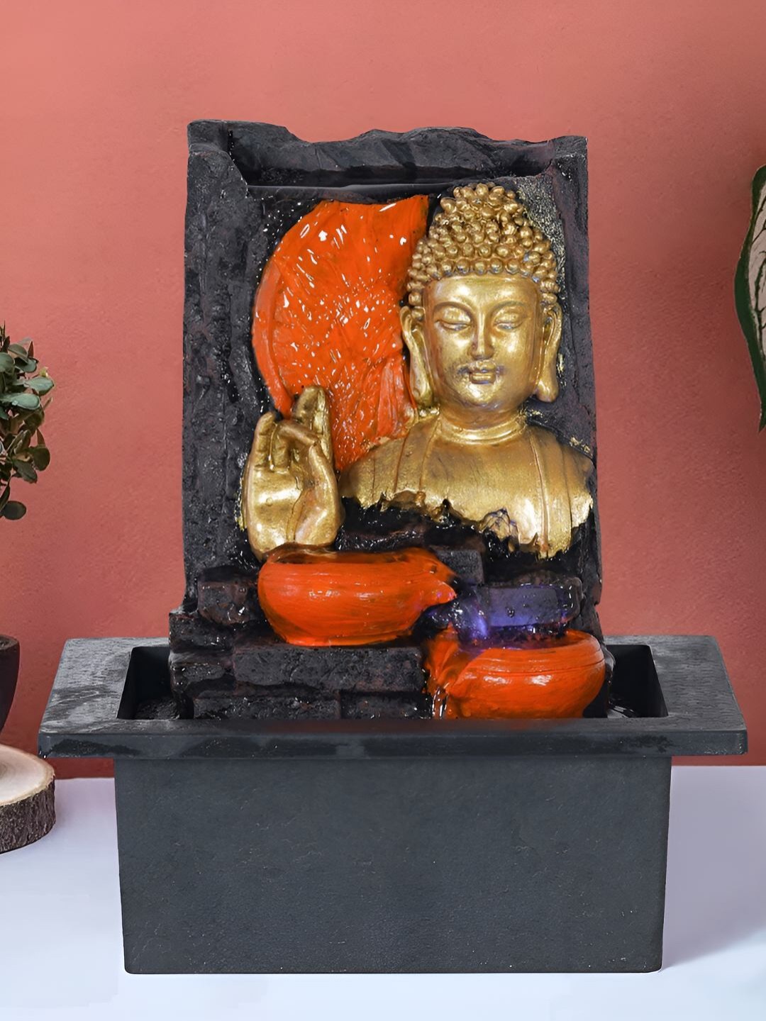 

Ancient Clock Makers Gold Toned Buddha Table Top Water Fountain With LED lights