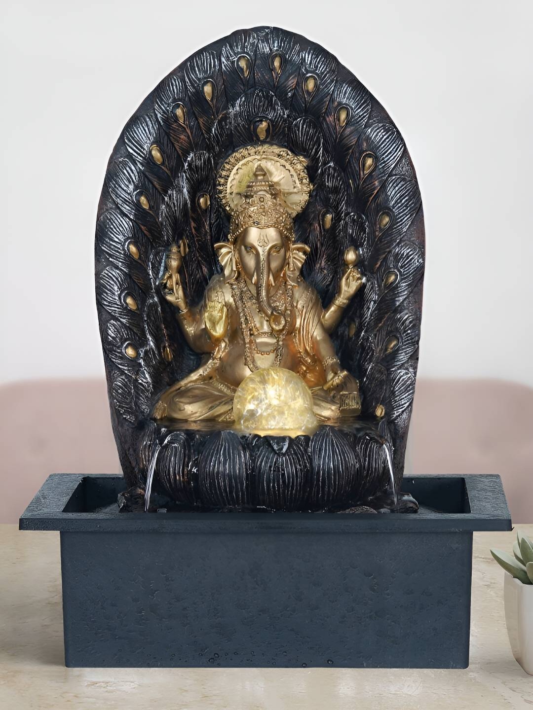 

Ancient Clock Makers Blue & Gold Ganesha Water Fountain with Lights