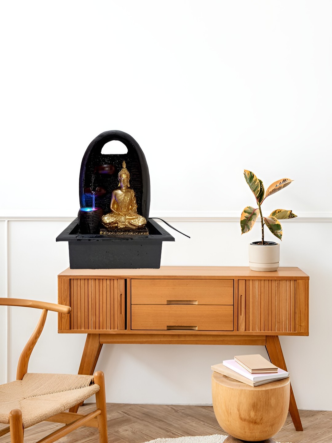 

Ancient Clock Makers Table Top Buddha Idol Water Fountain, Brown