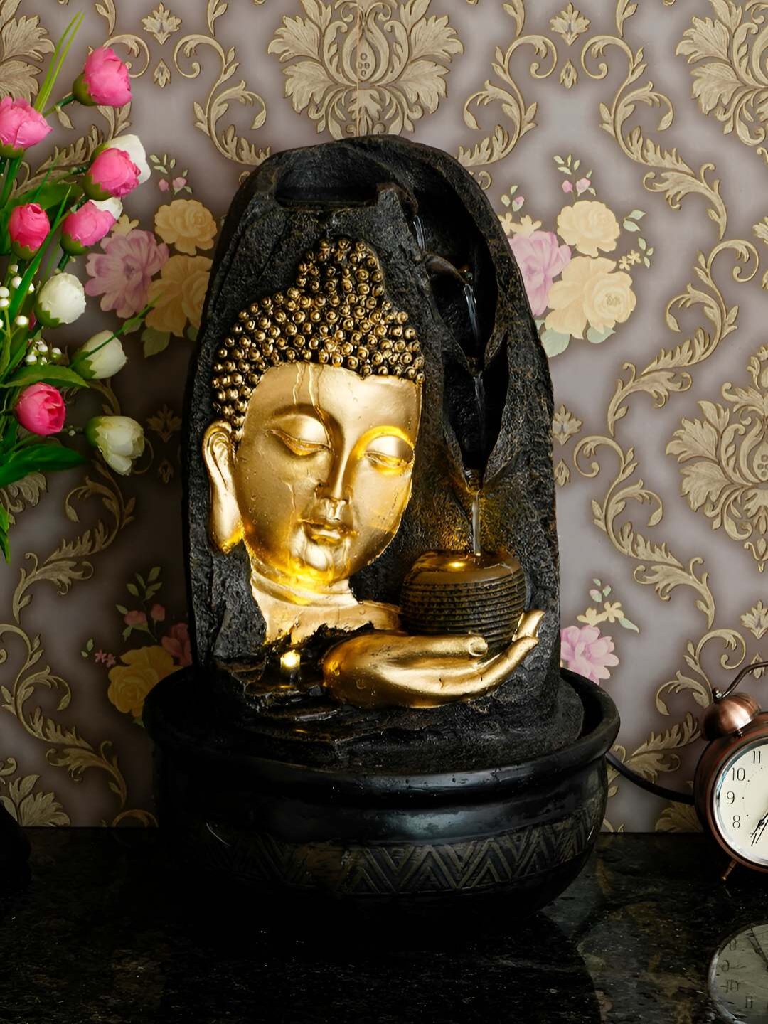 

Ancient Clock Makers Black & Gold Toned Buddha Table Water Fountain