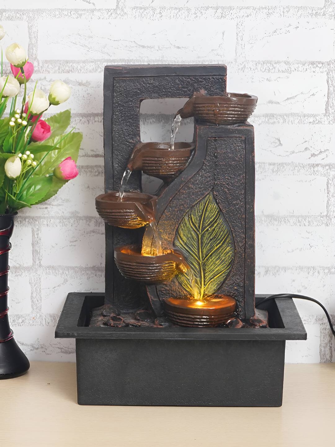 

Ancient Clock Makers Black Table Top Water Fountain With LED lights