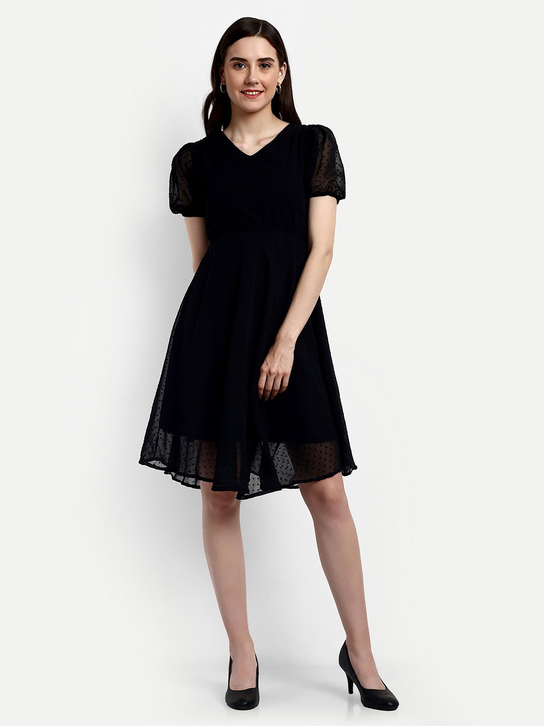 

FERY LONDON Self Design Georgette Fit & Flare Dress, Black