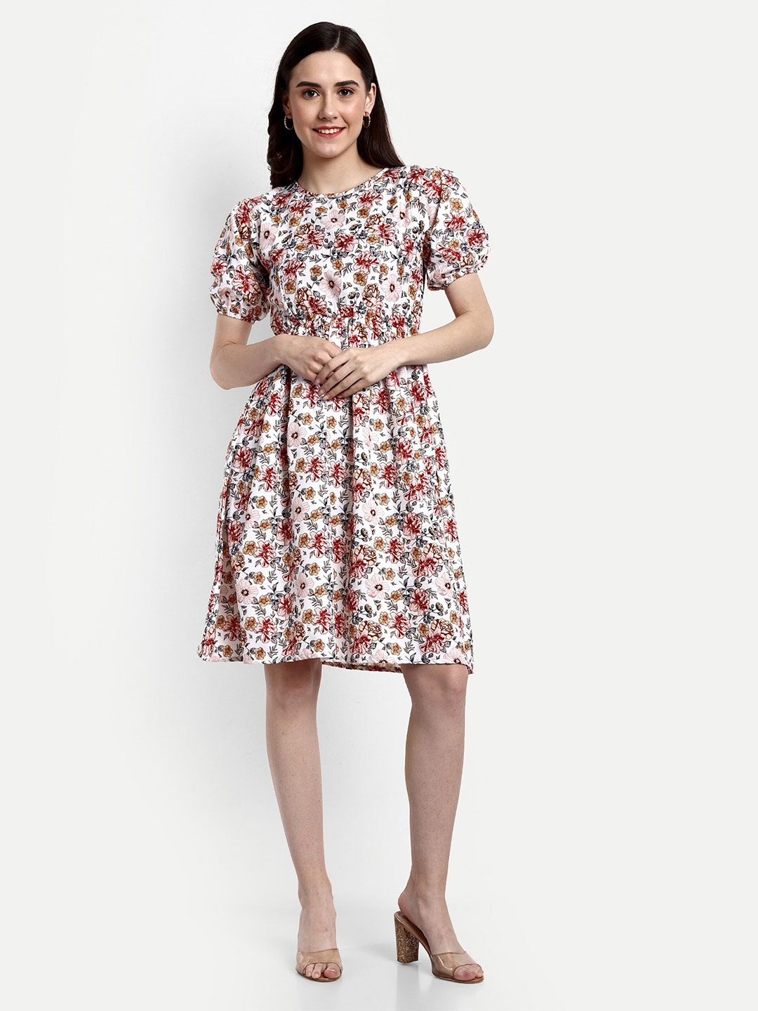 

FERY LONDON Floral Printed Puff Sleeves Fit & Flare Dress, White