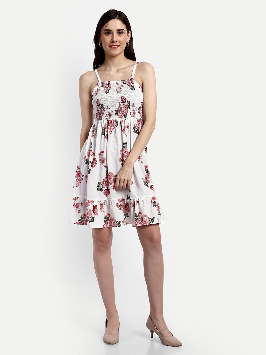

FERY LONDON Floral Printed Shoulder Straps Smocked A-Line Dress, White