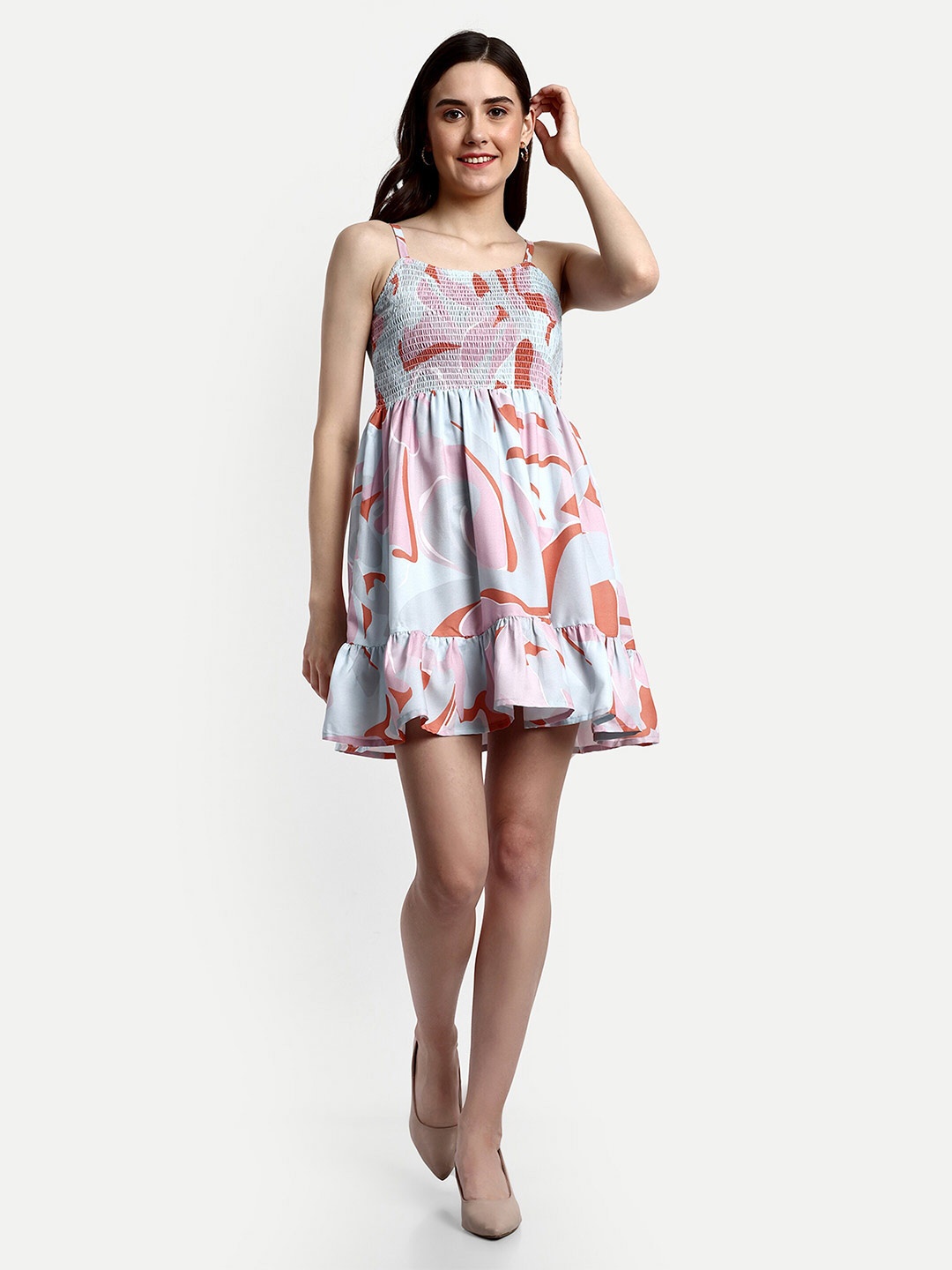 

FERY LONDON Abstract Printed Smocked Fit & Flare Mini Dress, Blue