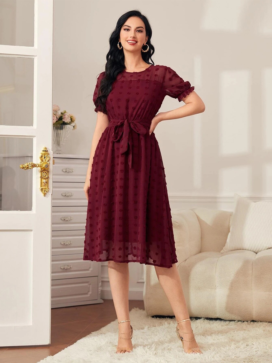 

FERY LONDON Self Design Tie Ups A Line Dress, Maroon