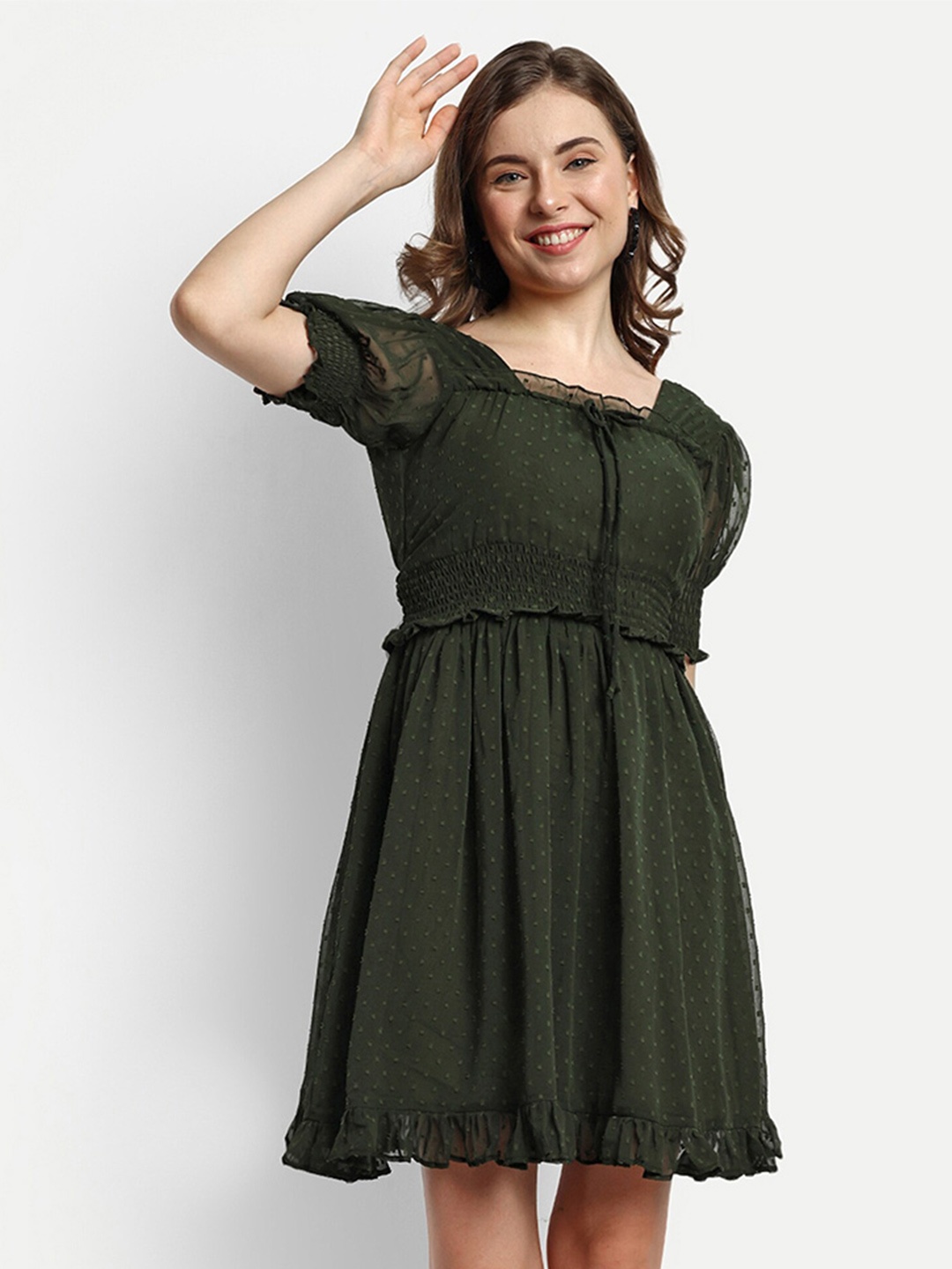 

FERY LONDON Self Design Square Neck Puff Sleeve Gathered Fit & Flare Dress, Green
