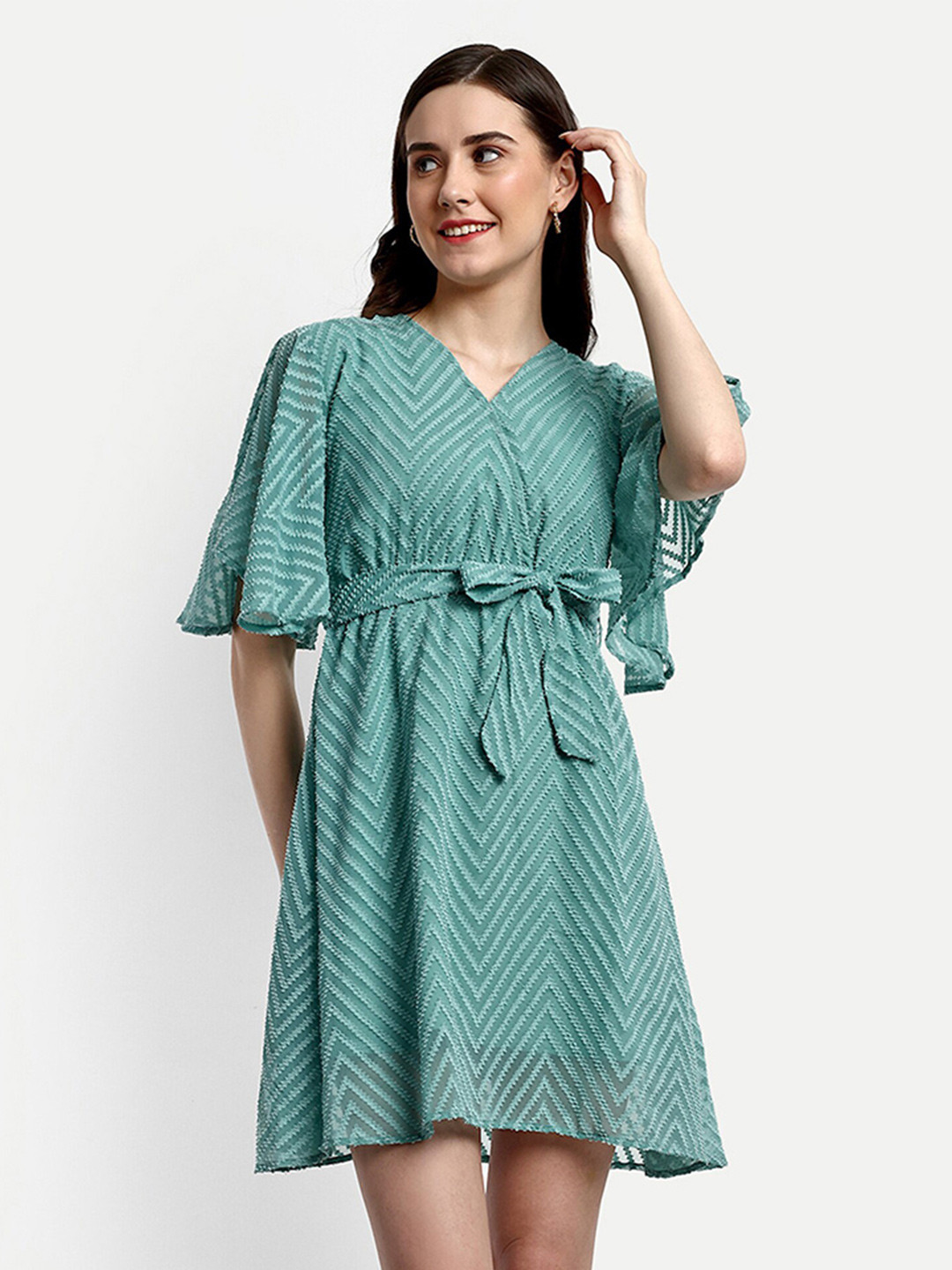 

FERY LONDON Self Designed V-Neck Georgette Fit & Flare Dress, Green