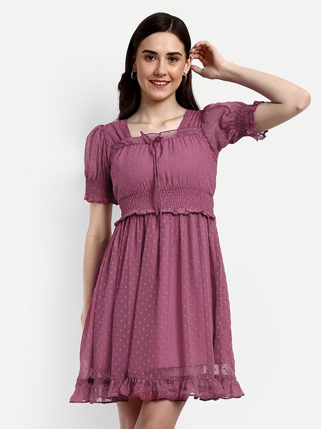 

FERY LONDON Self Design Square Neck Puff Sleeve Gathered Fit & Flare Dress, Pink