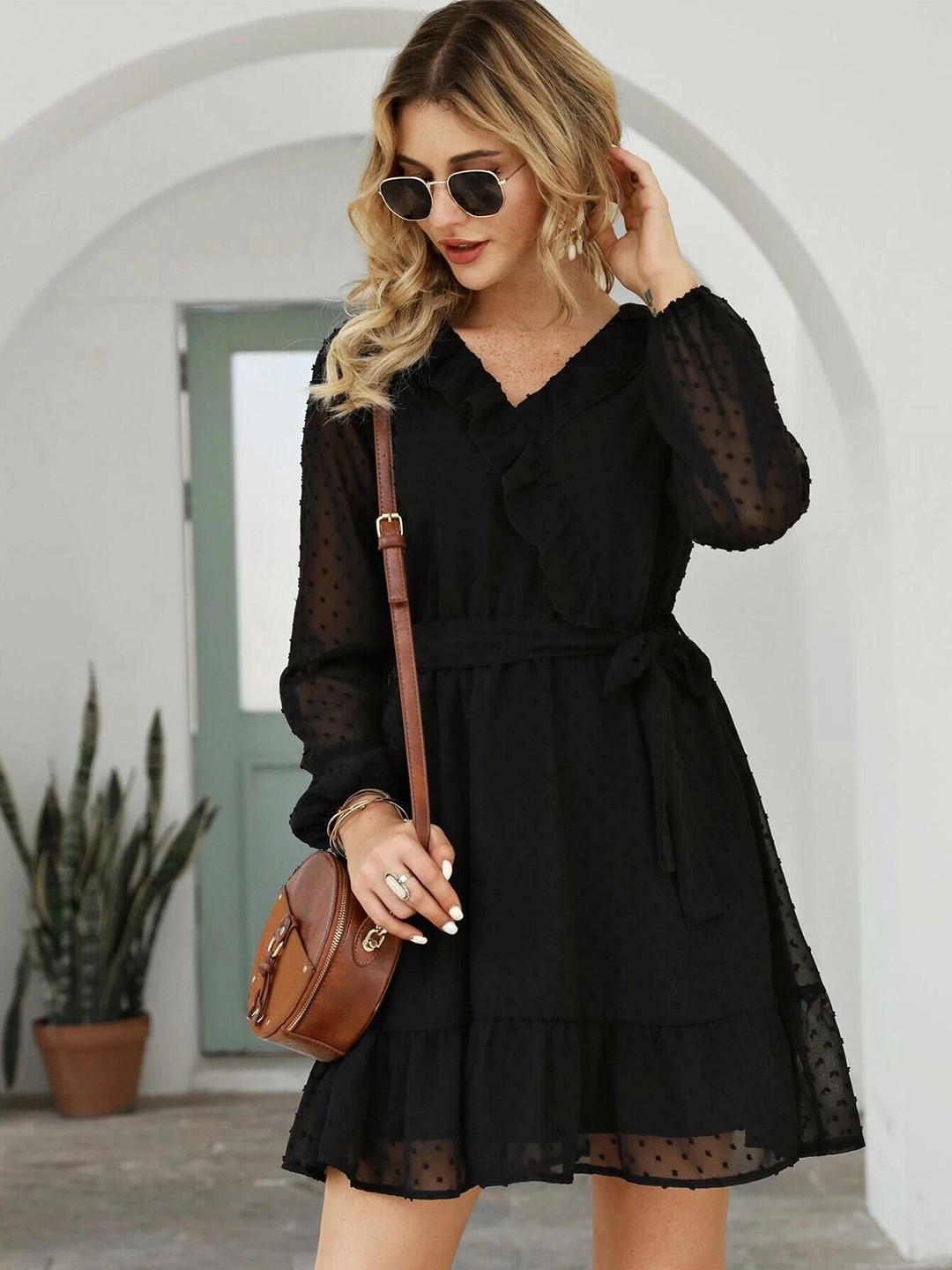 

FERY LONDON Self Designed V-Neck Georgette Wrap Mini Dress, Black