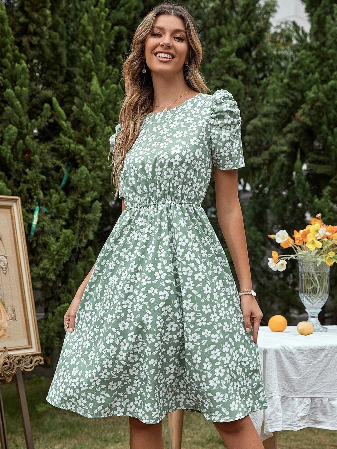 

FERY LONDON Floral Print A-Line Dress, Green