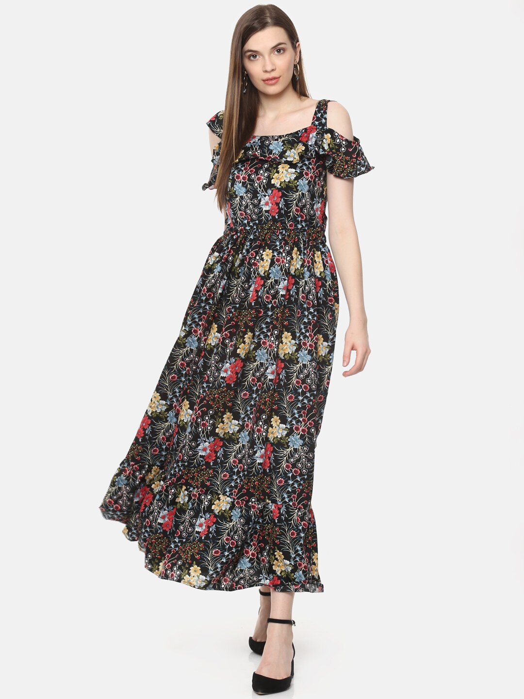 

BAESD Floral Printed Square Neck Ruffles Detailed Fit & Flare Midi Dress, Black