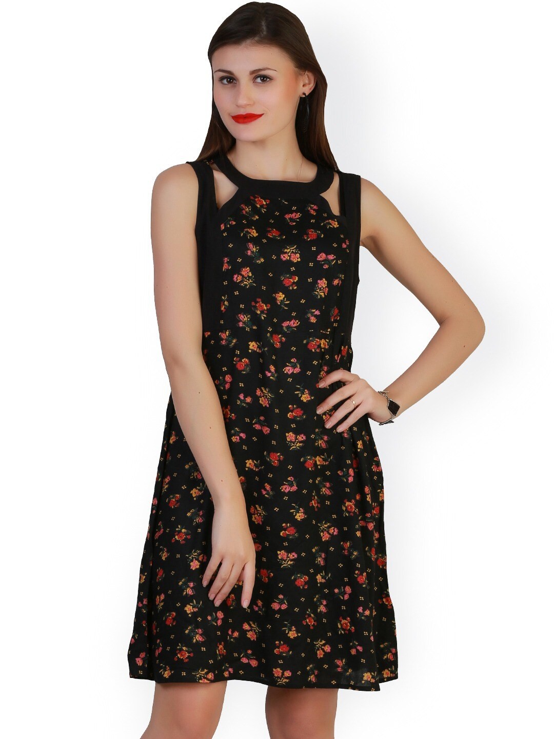 

BAESD Floral Print Crepe A-Line Dress, Black