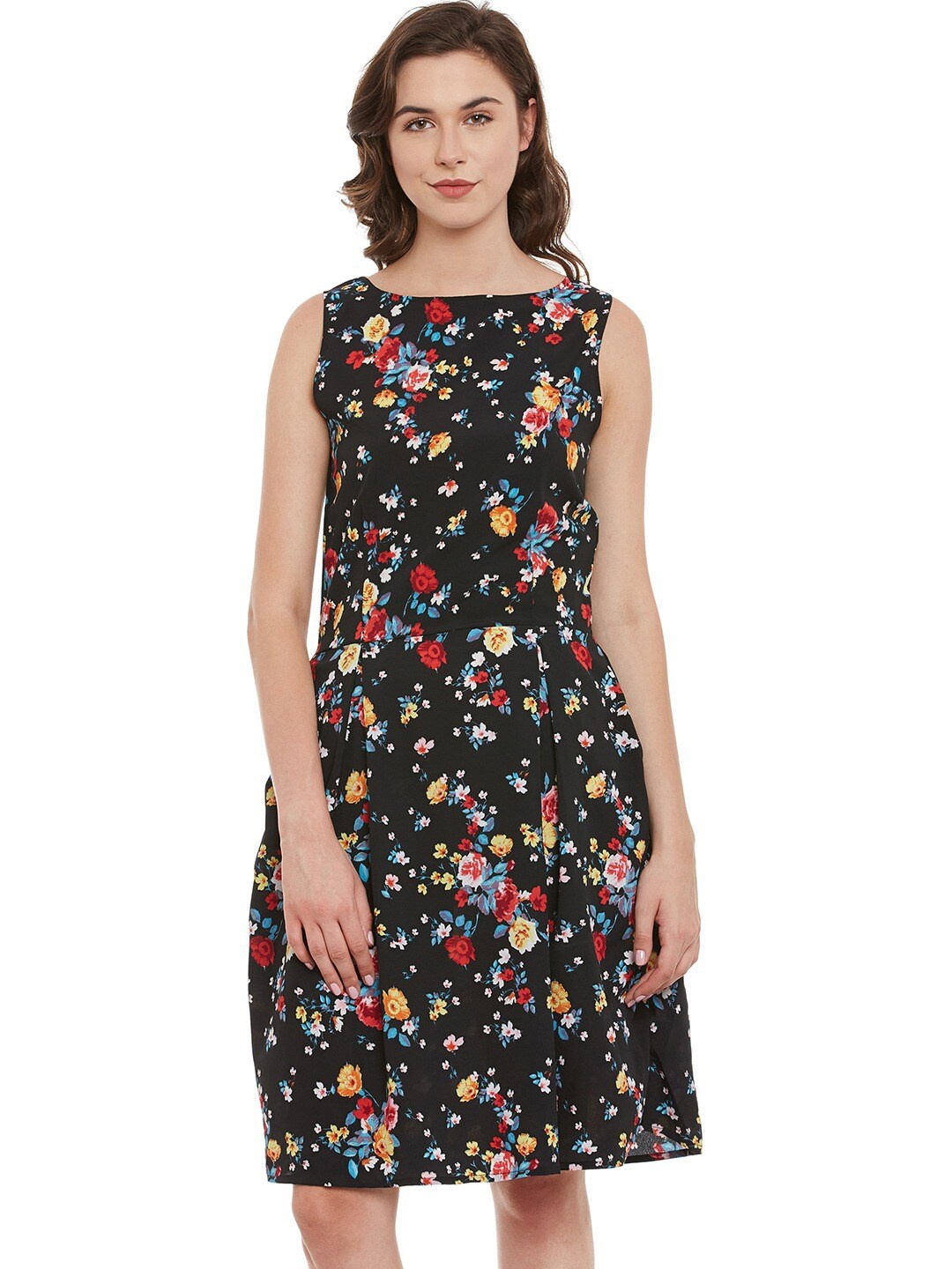 

BAESD Floral Printed Boat Neck A-Line Dress, Black