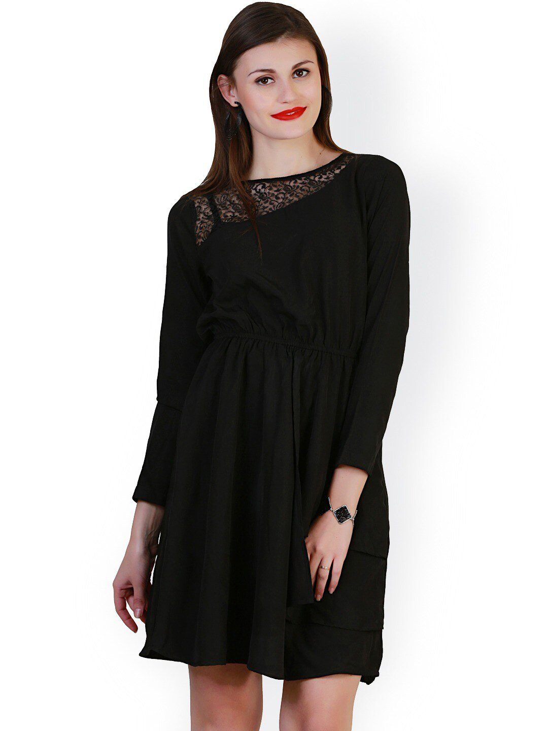 

BAESD Lace Inserts Detailed Fit & Flare Dress, Black