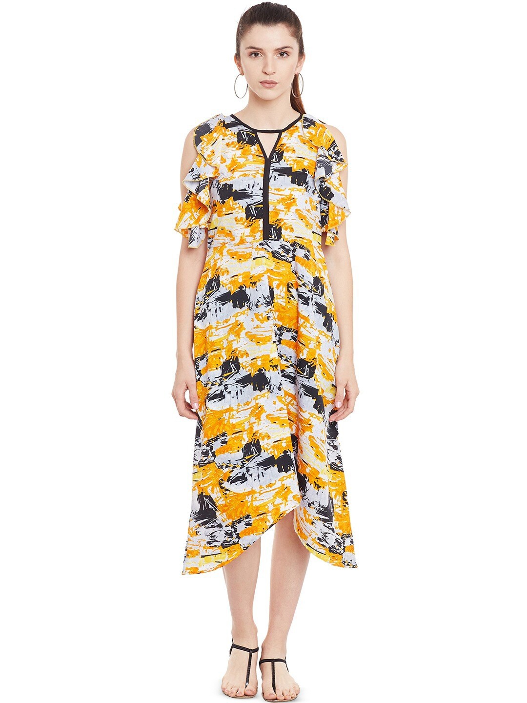 

BAESD Abstract Printed A-Line Midi Dress, Yellow