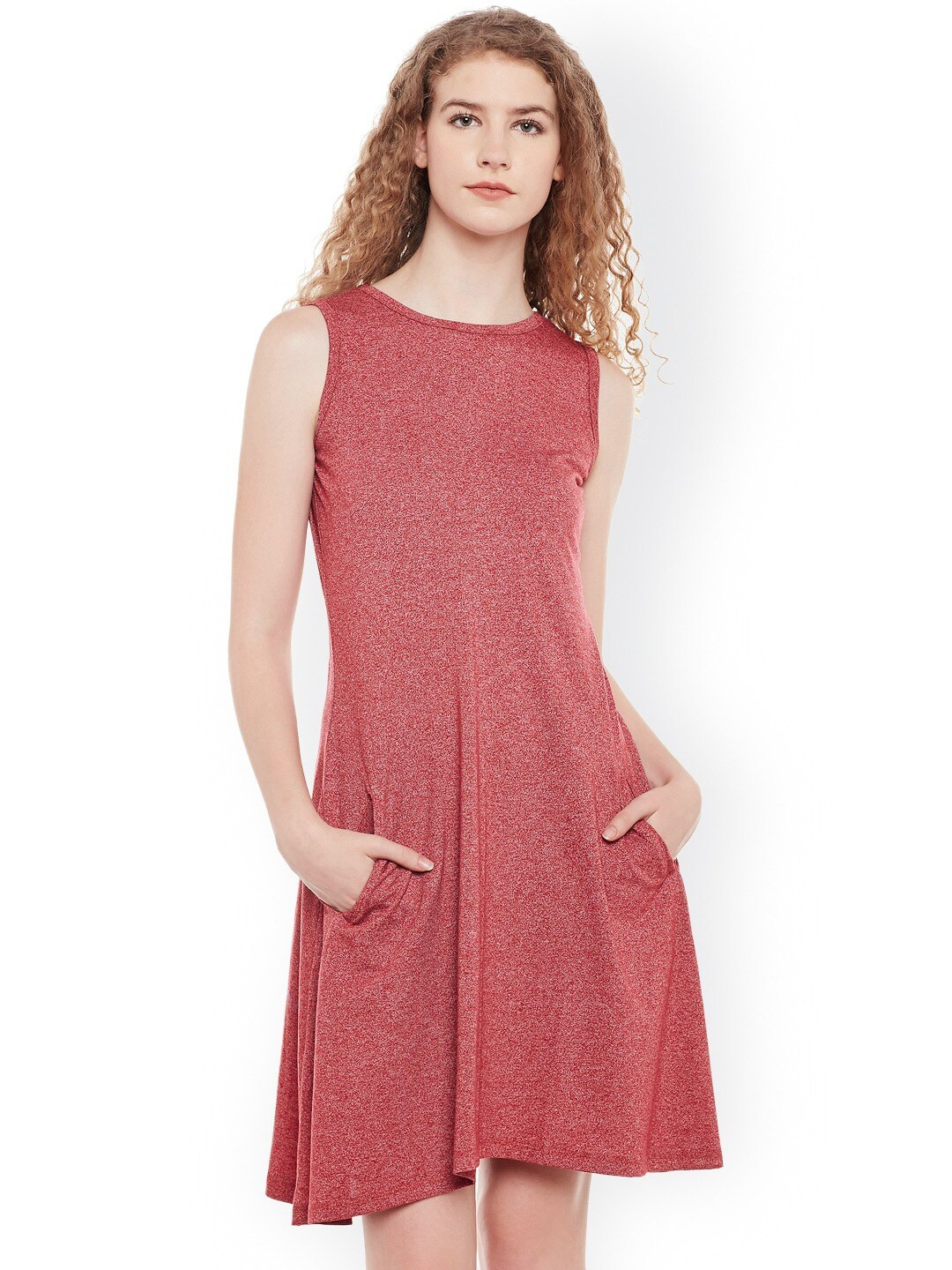 

BAESD Self Design Sleeveless Cotton A-Line Dress, Red