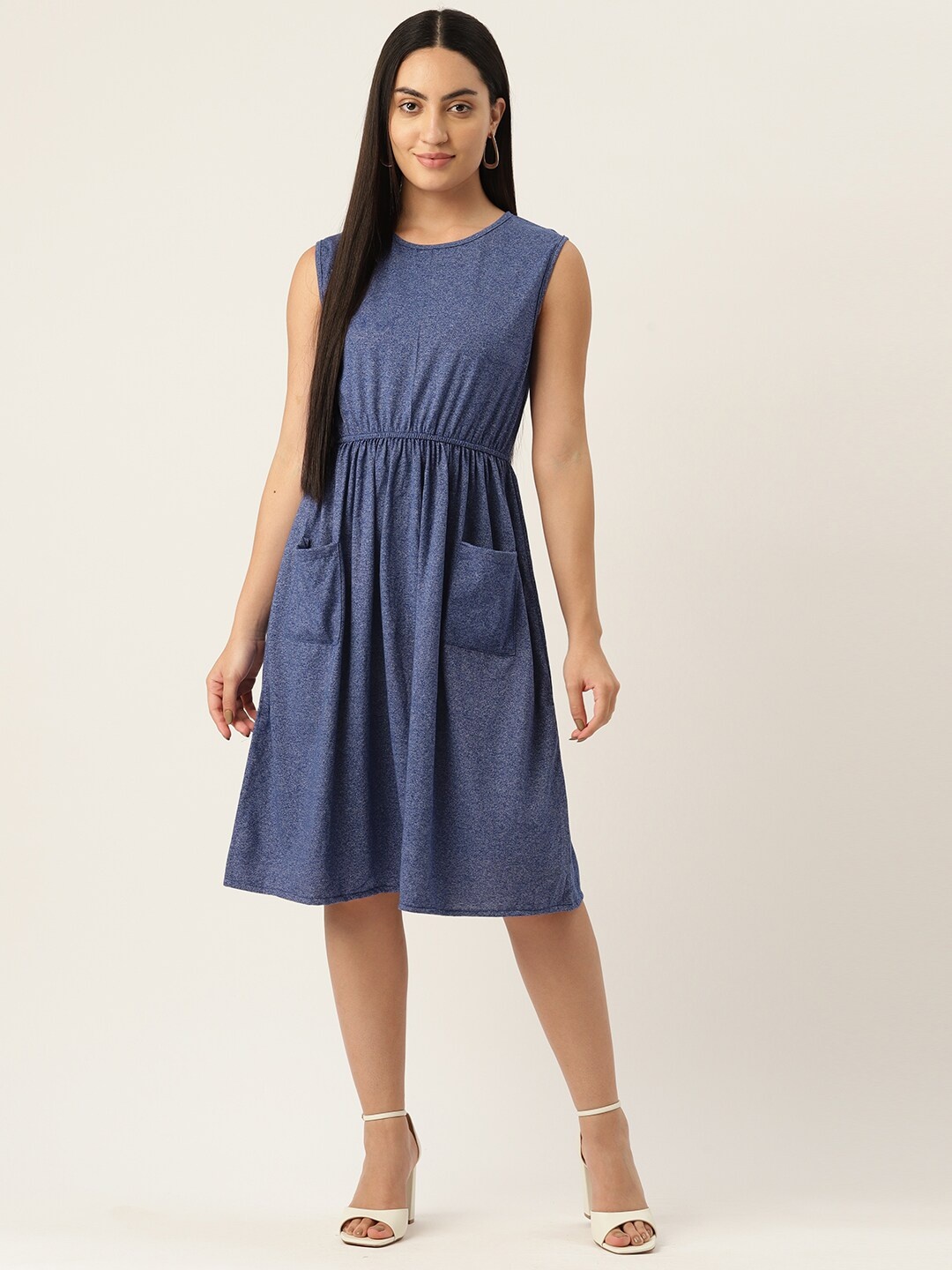 

BAESD Gathered Sleeveless Cotton A-Line Dress, Blue