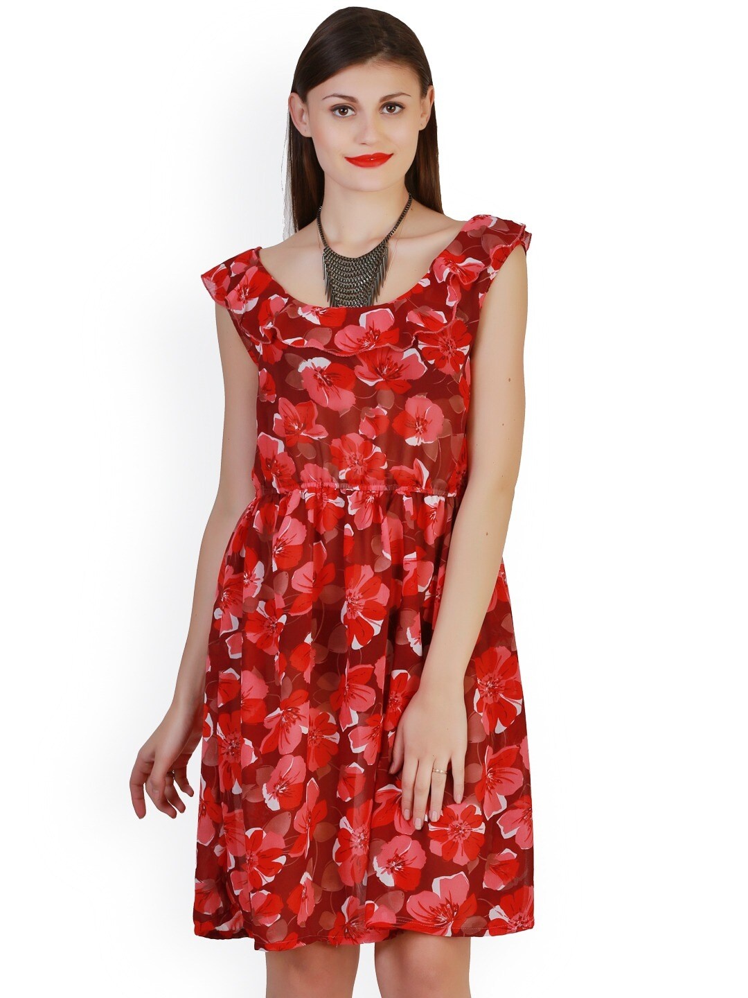 

BAESD Floral Printed Ruffles Detail A-Line Dress, Red