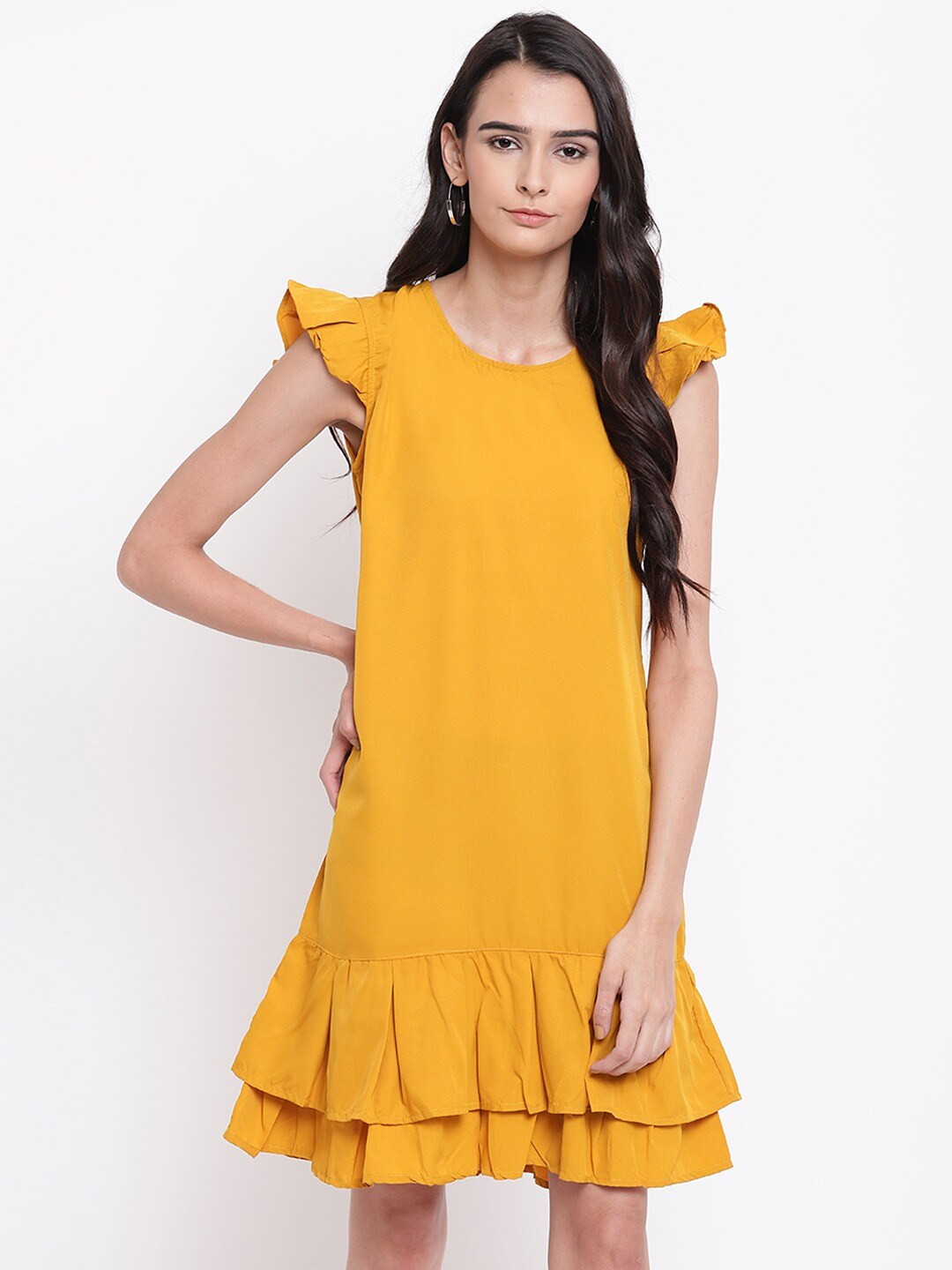 

BAESD Flutter Sleeves Ruffled A-Line Dress, Mustard